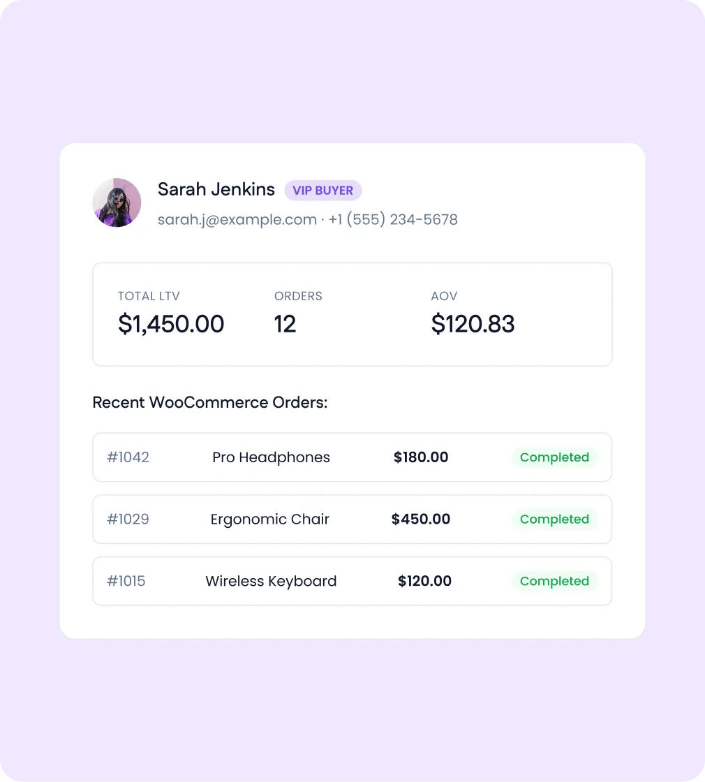 A WooCommerce customer profile in FlyCRM, showing lifetime value, order count, average order value, and recent orders.